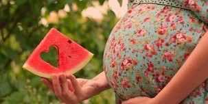 Scheibe Wassermelone in der Hand einer schwangeren Frau